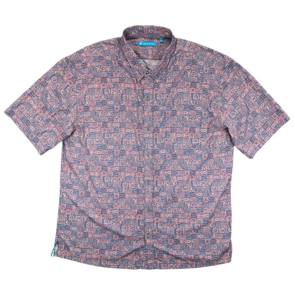 Tori Richard Men’s XL Short Sleeve Button Shirt Pink Blue Geometric Print